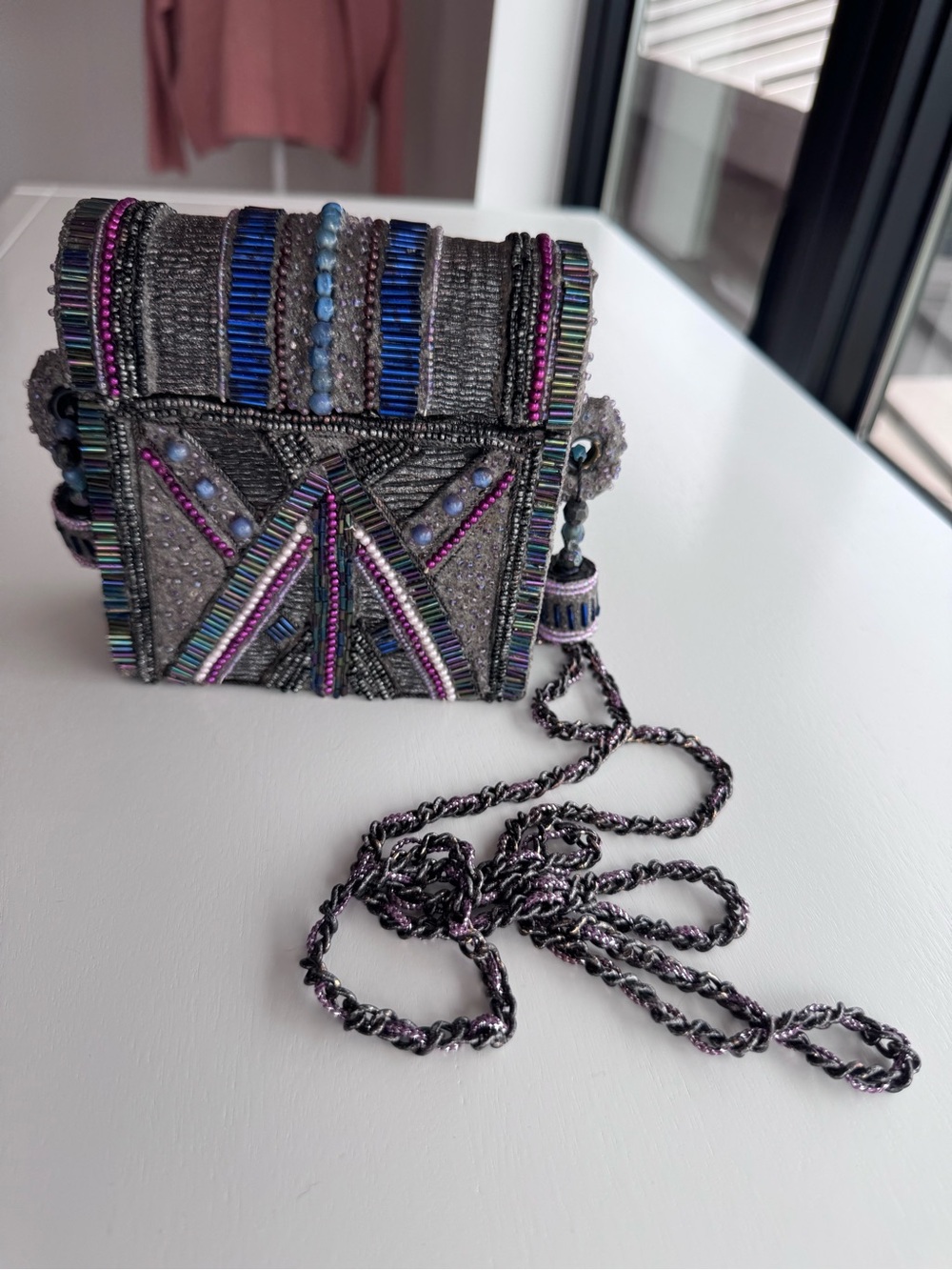 Beaded Embellished Crossbody Bag - Gray with Purple & Blue Accents